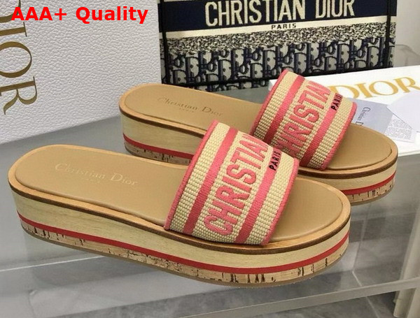 Dioriviera Dway Platform Slide Natural Raffia and Candy Pink Embroidered Cotton Replica