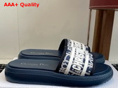 Dioriviera Dway Slide Blue Dior Oblique Embroidered Cotton and White Rubber Replica