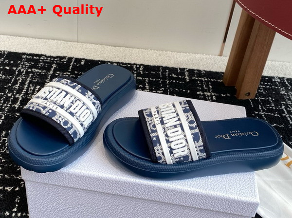 Dioriviera Dway Slide Blue Dior Oblique Embroidered Cotton and White Rubber Replica