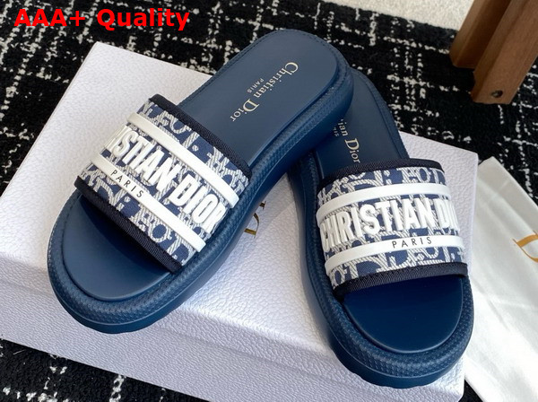 Dioriviera Dway Slide Blue Dior Oblique Embroidered Cotton and White Rubber Replica