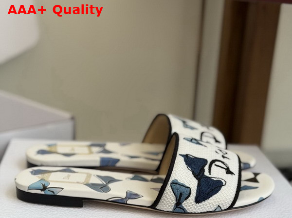 Dioriviera Dway Slide in Blue and White Dior Bows Embroidered Cotton Replica