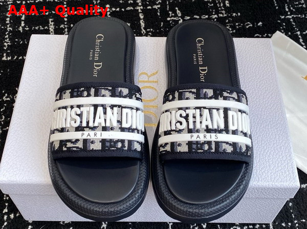 Dioriviera Dway Slide in Deep Blue Dior Oblique Embroidered Cotton and White Rubber Replica