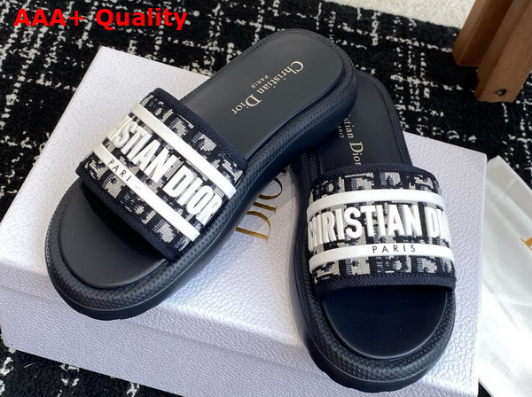 Dioriviera Dway Slide in Deep Blue Dior Oblique Embroidered Cotton and White Rubber Replica
