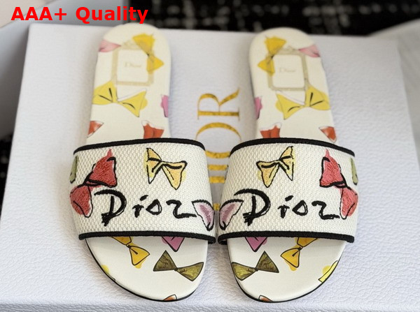 Dioriviera Dway Slide in White Cotton Embroidered with Multicolor Dior Bows Motif Replica