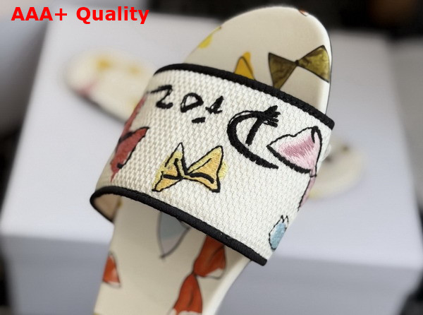 Dioriviera Dway Slide in White Cotton Embroidered with Multicolor Dior Bows Motif Replica