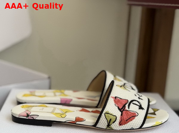 Dioriviera Dway Slide in White Cotton Embroidered with Multicolor Dior Bows Motif Replica