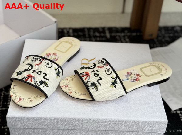 Dioriviera Dway Slide in White Embroidered Cotton and Multicolor Dior Arabesque Motif Replica