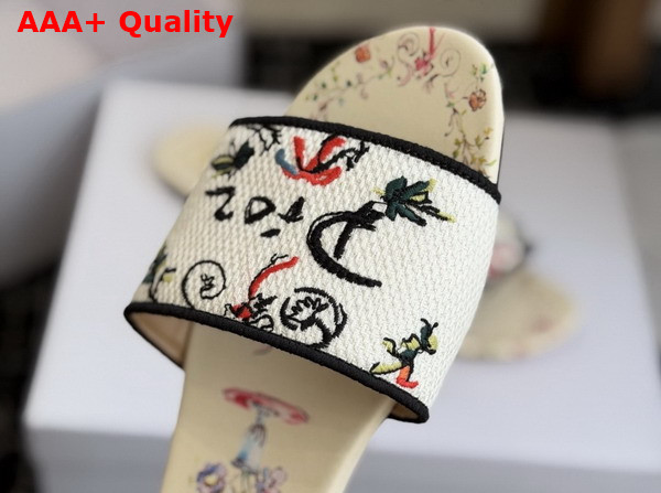 Dioriviera Dway Slide in White Embroidered Cotton and Multicolor Dior Arabesque Motif Replica