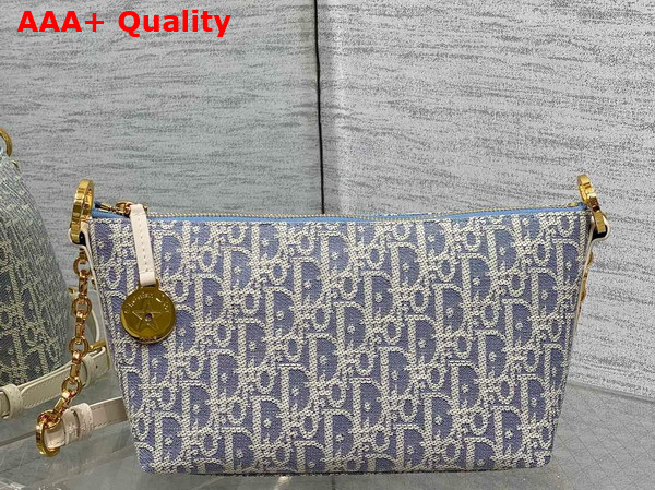 Diorstar Hobo Bag with Chain Blue Dior Oblique Chambray with Raffia Effect and Light Biscuit Smooth Calfskin Replica