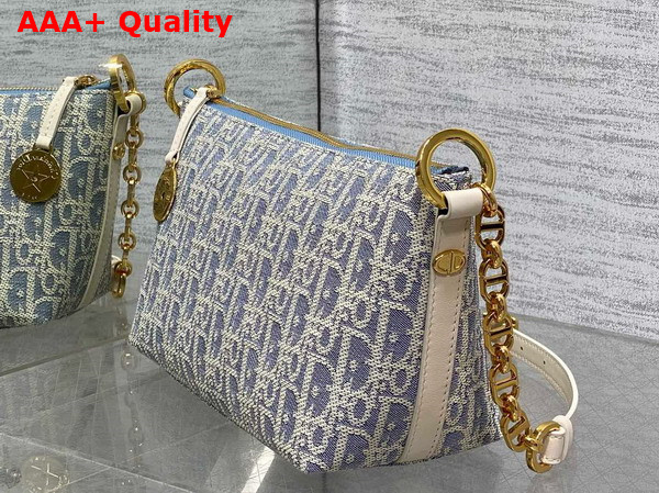 Diorstar Hobo Bag with Chain Blue Dior Oblique Chambray with Raffia Effect and Light Biscuit Smooth Calfskin Replica