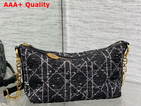 Diorstar Hobo Bag with Chain in Black Tweed with Cannage Motif in Gold Tone Metallic Thread Replica