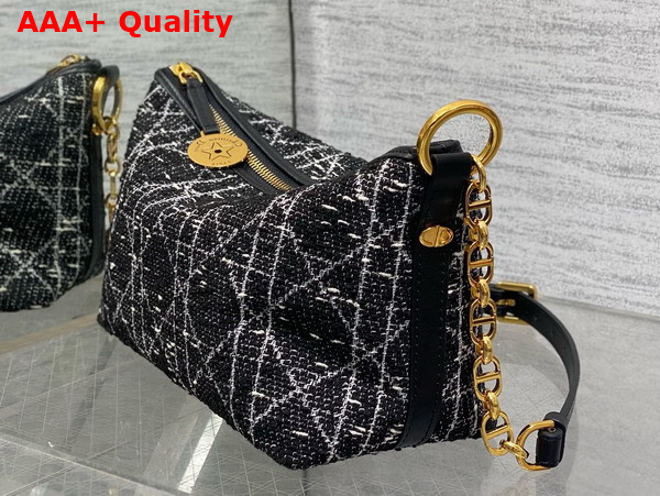 Diorstar Hobo Bag with Chain in Black Tweed with Cannage Motif in Gold Tone Metallic Thread Replica