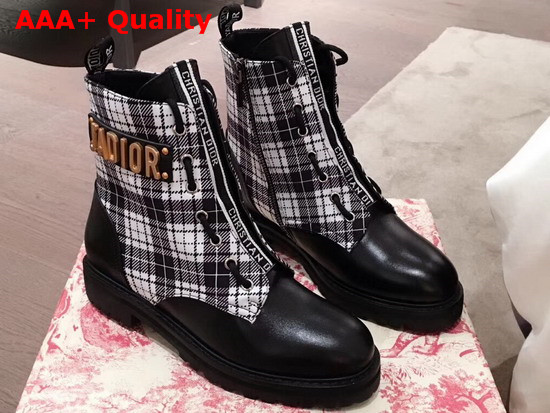 Jadior Ankle Boot in Tartan Fabric and Black Calfskin Replica