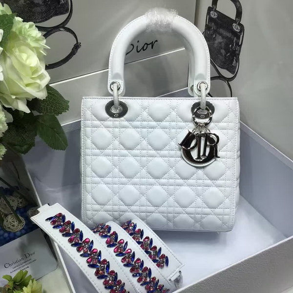 Lady Dior Bag White Lambskin Embroidered Shoulder Strap for Sale