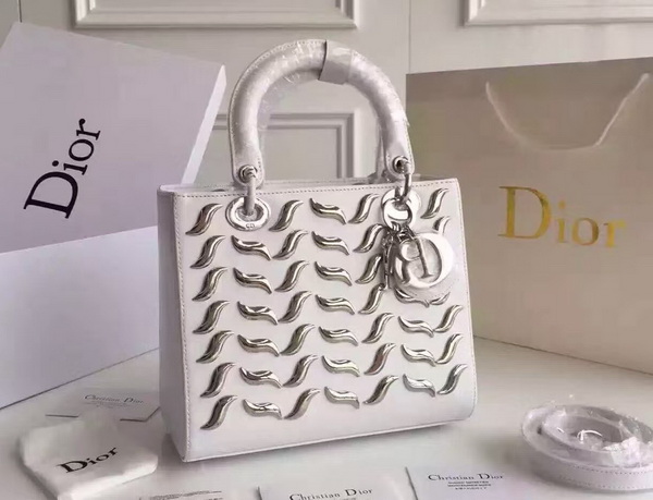 Lady Dior Bag with Metallic Studs White Calfskin for Sale
