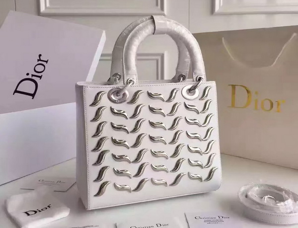 Lady Dior Bag with Metallic Studs White Calfskin for Sale