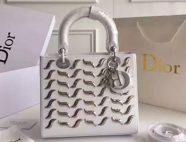 Lady Dior Bag with Metallic Studs White Calfskin for Sale