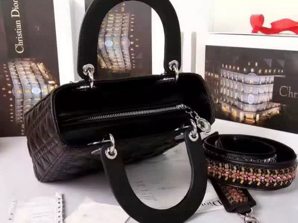 Lady Dior Lambskin Bag with Embroidered Shoulder Strap Black for Sale