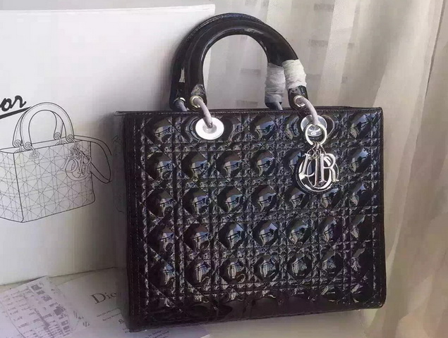 Large Lady Dior Bag Black Patent Lambskin Silver Hardwares for Sale