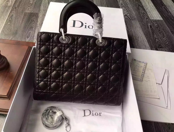 Large Lady Dior Bag In Black Lambskin With Silver Hardware for Sale
