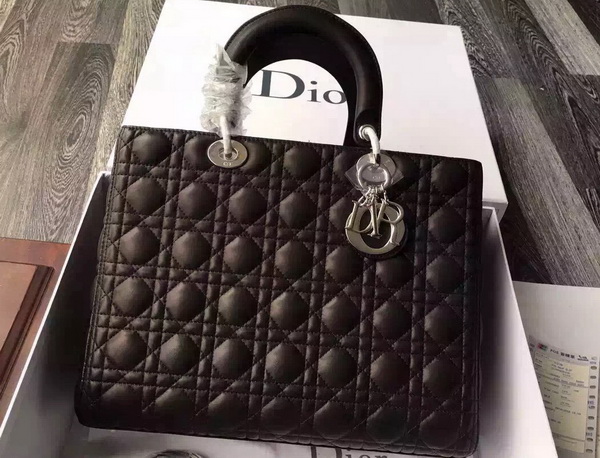 Large Lady Dior Bag In Black Lambskin With Silver Hardware for Sale