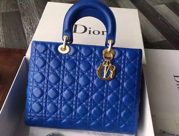 Large Lady Dior Bag In Blue Lambskin With Gold Hardware for Sale