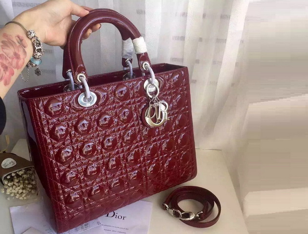 Large Lady Dior Bag Oxblood Patent Leather Silver Hardware for Sale