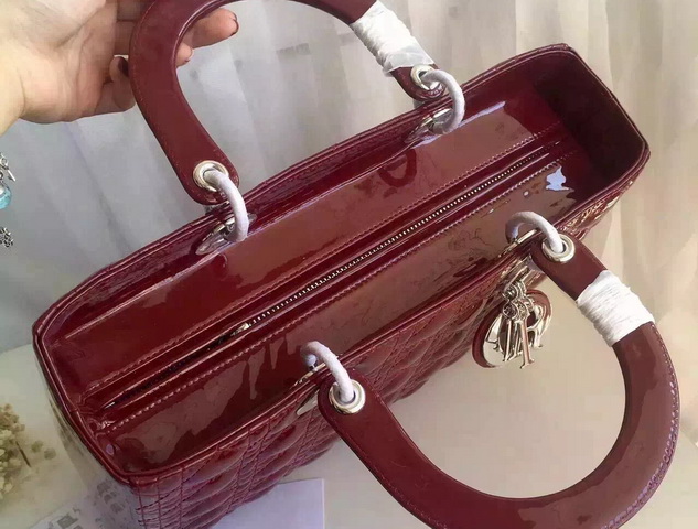 Large Lady Dior Bag Oxblood Patent Leather Silver Hardware for Sale