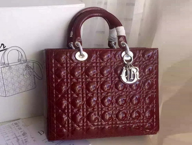 Large Lady Dior Bag Oxblood Patent Leather Silver Hardware for Sale