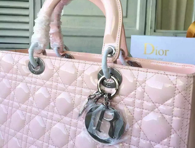 Large Lady Dior Bag Pink Patent Leather Silver Hardware for Sale