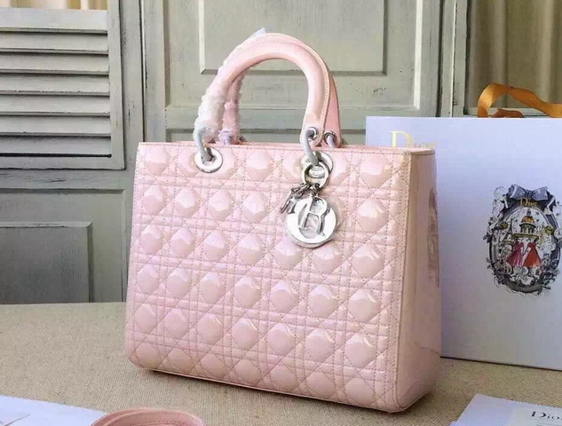 Large Lady Dior Bag Pink Patent Leather Silver Hardware for Sale