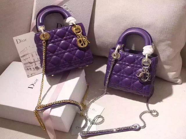 Mini Lady Dior Bag Purple Lambskin Gold Hardwares for Sale