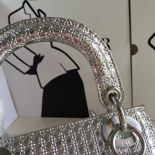 Mini Lady Dior Bag Silver Tone Metallic Calfskin with Micro Cannage Motif for Sale