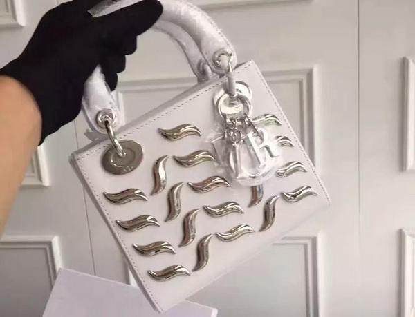 Mini Lady Dior Bag with Metallic Studs White Calfskin for Sale
