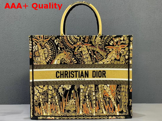 Yellow and Black Dior Book Tote Dior Animals Embroidered Canvas Bag Replica