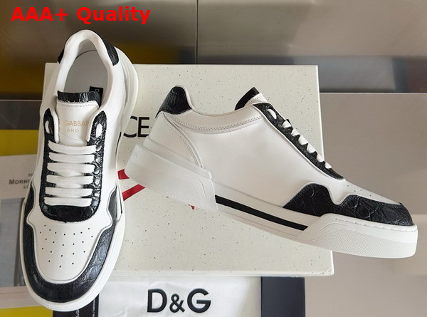 Dolce Gabbana Calfskin New Roma Sneakers with Crocodile Details White and Black Replica