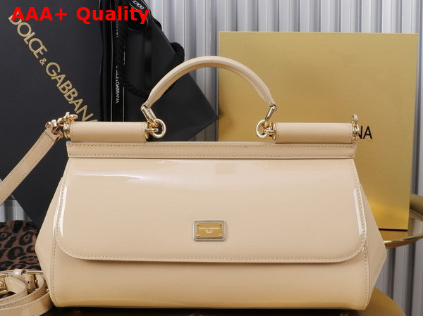 Dolce Gabbana Elongated Medium Sicily Handbag in Beige Polished Calfskin Replica