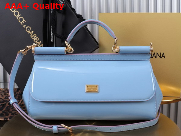 Dolce Gabbana Elongated Medium Sicily Handbag in Light Blue Polished Calfskin Replica