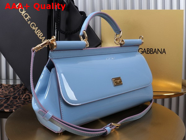 Dolce Gabbana Elongated Medium Sicily Handbag in Light Blue Polished Calfskin Replica