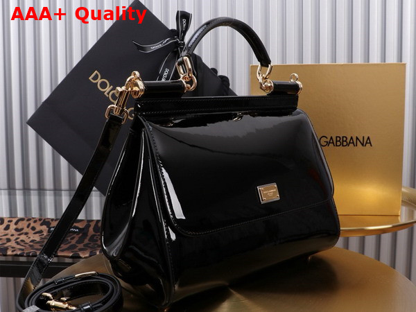 Dolce Gabbana Large Sicily Handbag in Black Patent Leather Replica