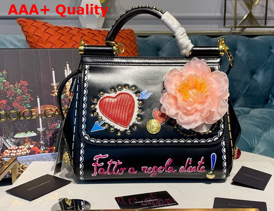 Dolce Gabbana Medium Sicily Bag in Black Printed Calfskin with Embroidered Heart and Flower Replica