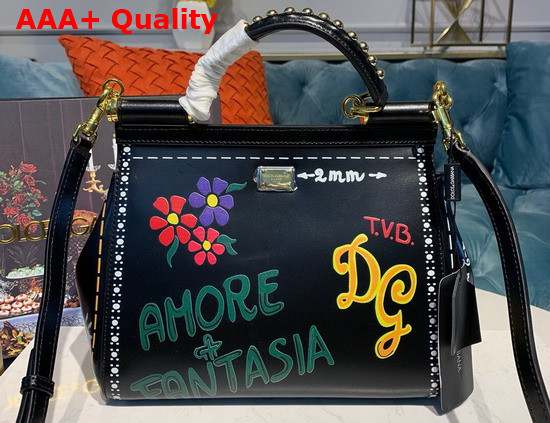 Dolce Gabbana Medium Sicily Bag in Black Printed Calfskin with Embroidered Heart and Flower Replica