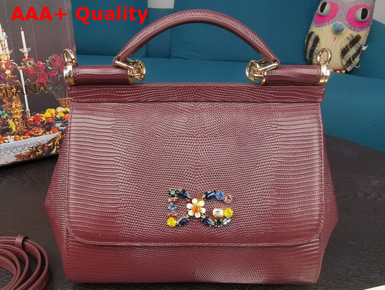 Dolce Gabbana Medium Sicily Bag in Bordeaux Lizard Embossed Calfskin Replica