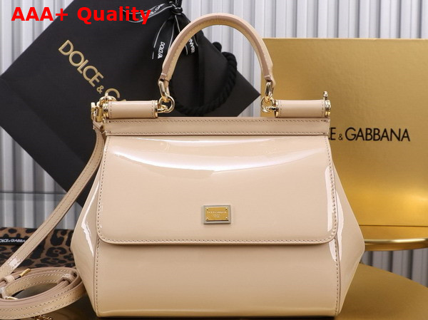 Dolce Gabbana Medium Sicily Handbag in Beige Patent Leather Replica