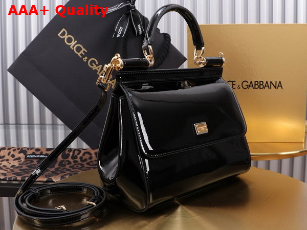 Dolce Gabbana Medium Sicily Handbag in Black Patent Leather Replica