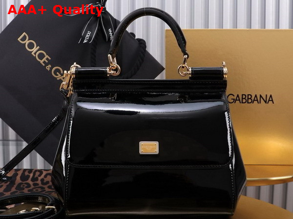 Dolce Gabbana Medium Sicily Handbag in Black Patent Leather Replica