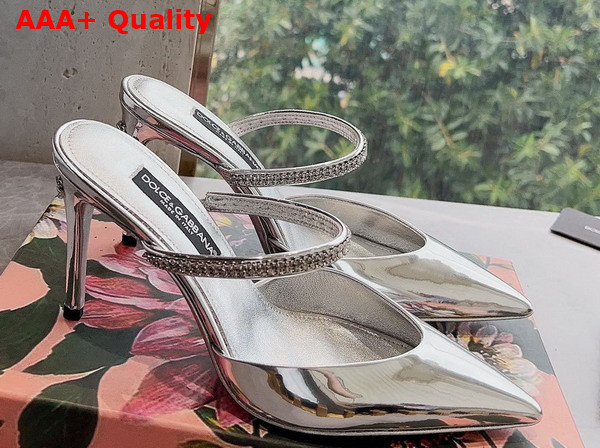 Dolce Gabbana Metallic Calfskin Mules with Embroidery in Silver Replica