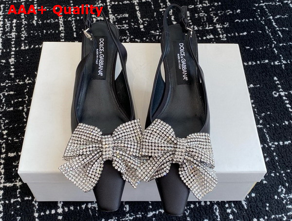 Dolce Gabbana Satin Slingbacks with Rhinestone Embellished Bow Black Replica