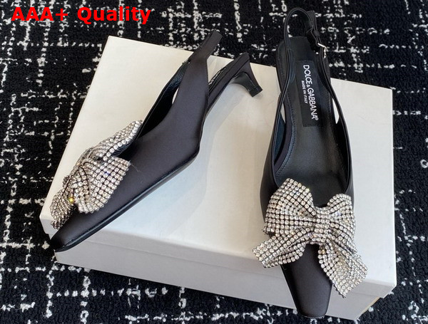 Dolce Gabbana Satin Slingbacks with Rhinestone Embellished Bow Black Replica