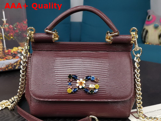 Dolce Gabbana Small Sicily Bag in Bordeaux Lizard Embossed Calfskin Replica